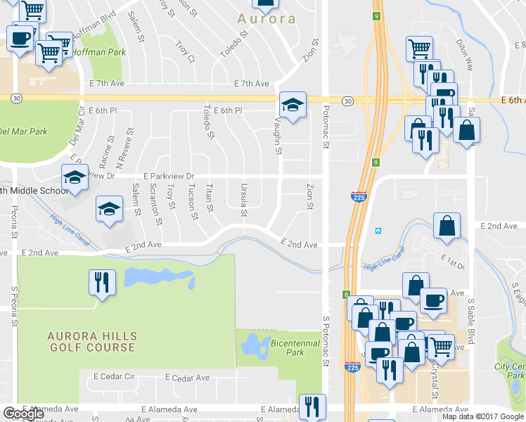 map of restaurants, bars, coffee shops, grocery stores, and more near 235 Vaughn Street in Aurora
