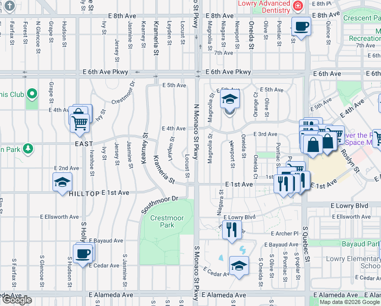 map of restaurants, bars, coffee shops, grocery stores, and more near 195 North Monaco Parkway in Denver