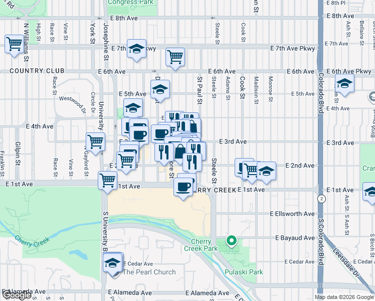 map of restaurants, bars, coffee shops, grocery stores, and more near 240 Milwaukee Street in Denver