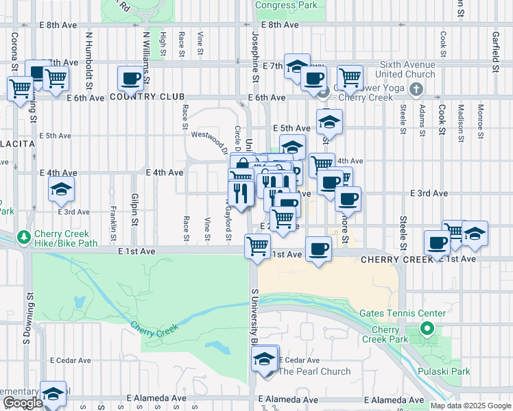 map of restaurants, bars, coffee shops, grocery stores, and more near 212 University Boulevard in Denver