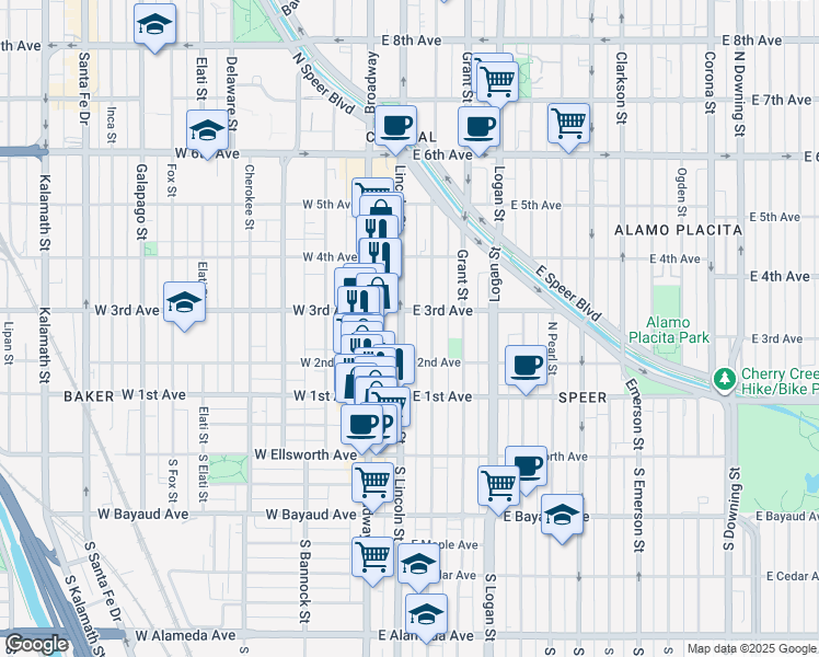 map of restaurants, bars, coffee shops, grocery stores, and more near 231 Lincoln Street in Denver