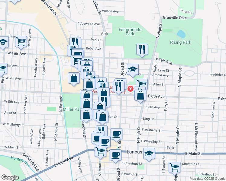 map of restaurants, bars, coffee shops, grocery stores, and more near 147 West 6th Avenue in Lancaster