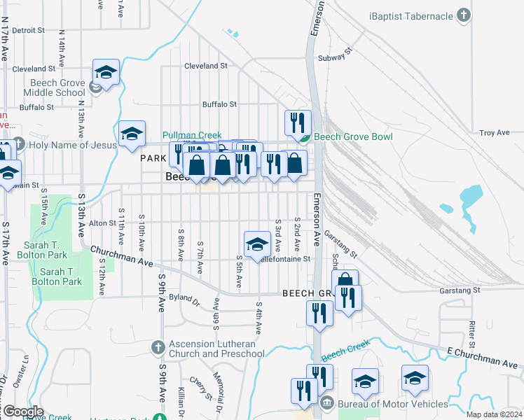 map of restaurants, bars, coffee shops, grocery stores, and more near 90 South 4th Avenue in Beech Grove