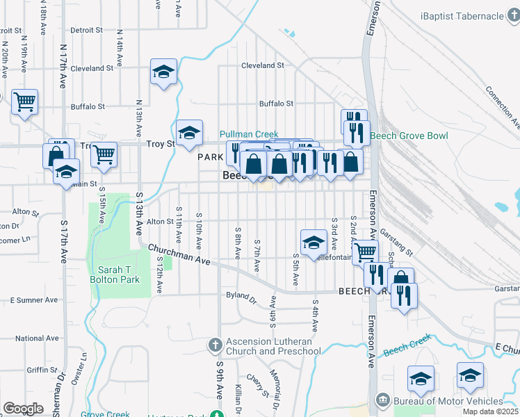 map of restaurants, bars, coffee shops, grocery stores, and more near 91 South 7th Avenue in Beech Grove