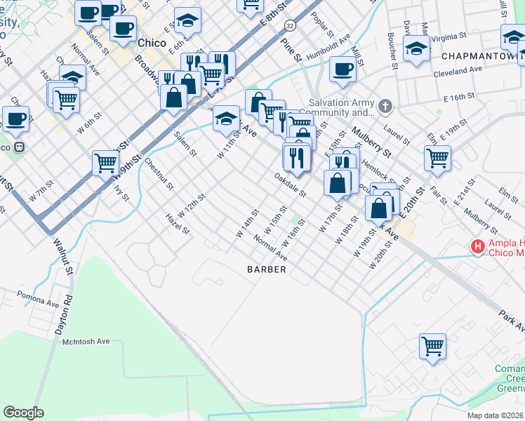 map of restaurants, bars, coffee shops, grocery stores, and more near 1413 Salem Street in Chico