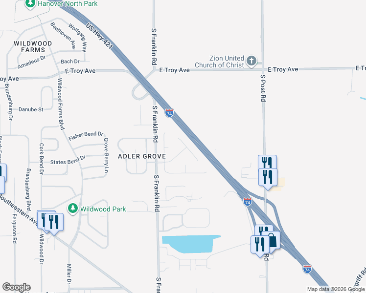 map of restaurants, bars, coffee shops, grocery stores, and more near 8544 Sweet Birch Drive in Indianapolis