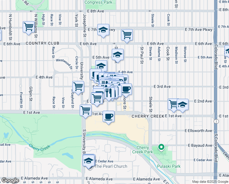 map of restaurants, bars, coffee shops, grocery stores, and more near 231 Detroit Street in Denver