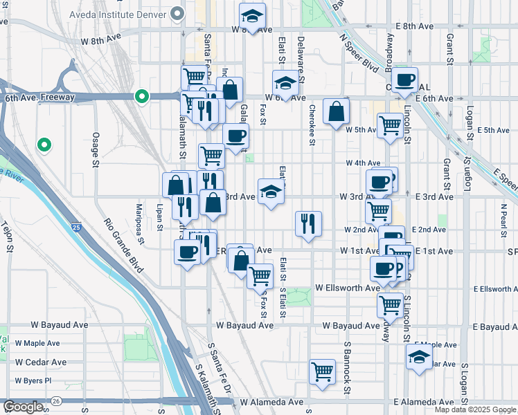map of restaurants, bars, coffee shops, grocery stores, and more near 233 Fox Street in Denver
