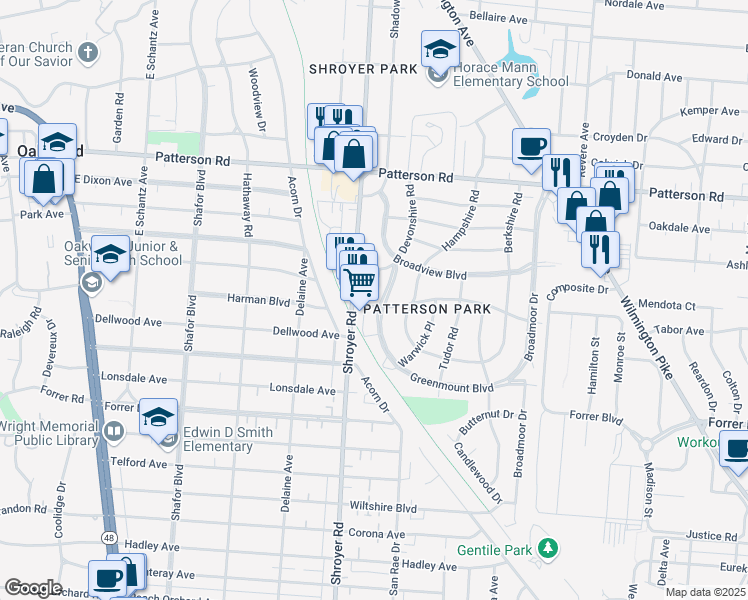 map of restaurants, bars, coffee shops, grocery stores, and more near 619 Gainsborough Road in Dayton