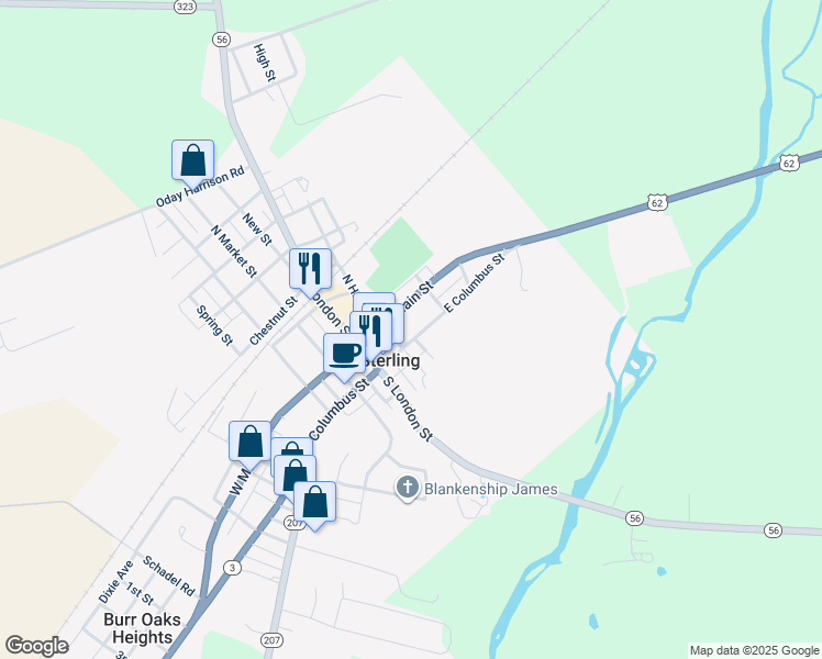 map of restaurants, bars, coffee shops, grocery stores, and more near 59 East Columbus Street in Mount Sterling
