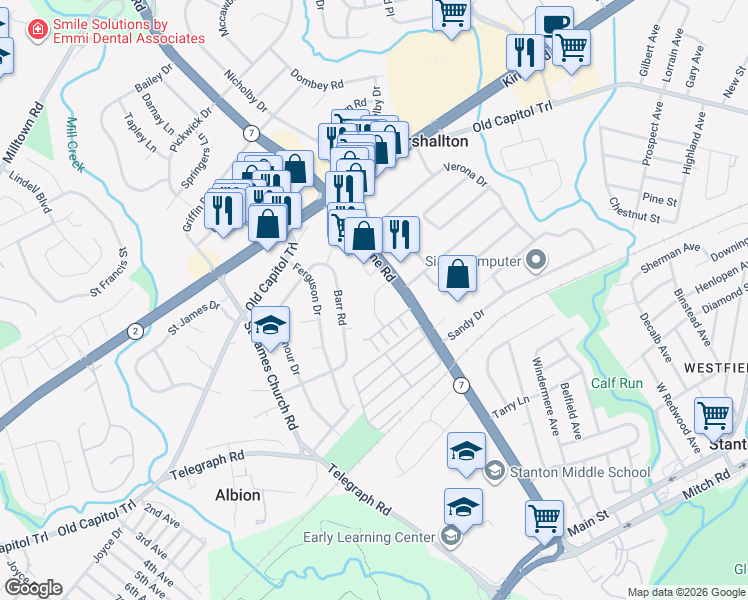 map of restaurants, bars, coffee shops, grocery stores, and more near Patrician Boulevard in Wilmington