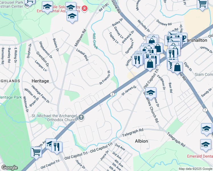 map of restaurants, bars, coffee shops, grocery stores, and more near 5019 East Woodmill Drive in Wilmington
