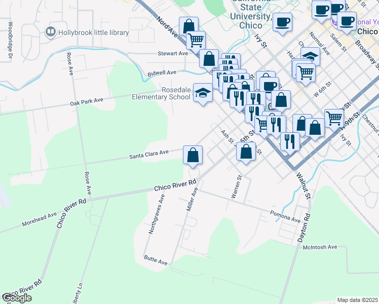 map of restaurants, bars, coffee shops, grocery stores, and more near 1501 West 3rd Street in Chico