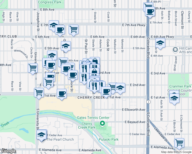 map of restaurants, bars, coffee shops, grocery stores, and more near in Denver