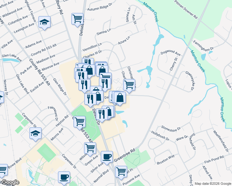 map of restaurants, bars, coffee shops, grocery stores, and more near 74 Yellowwood Court in Glassboro