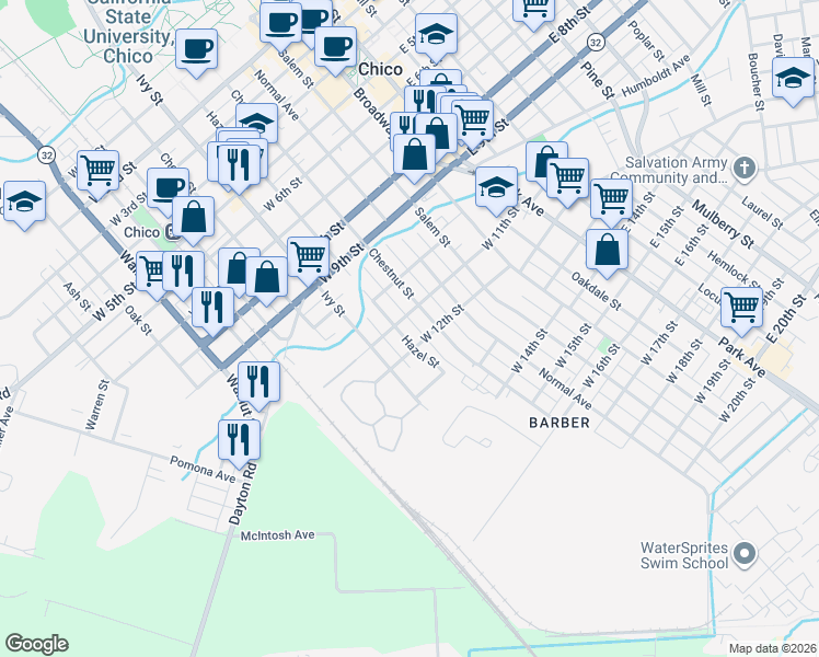 map of restaurants, bars, coffee shops, grocery stores, and more near 1120 Hazel Street in Chico