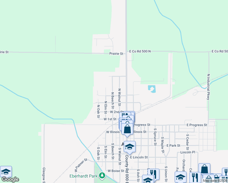 map of restaurants, bars, coffee shops, grocery stores, and more near 412 N Beech St in Arthur