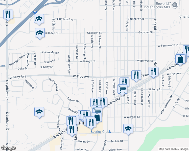 map of restaurants, bars, coffee shops, grocery stores, and more near 4205 West Troy Avenue in Indianapolis