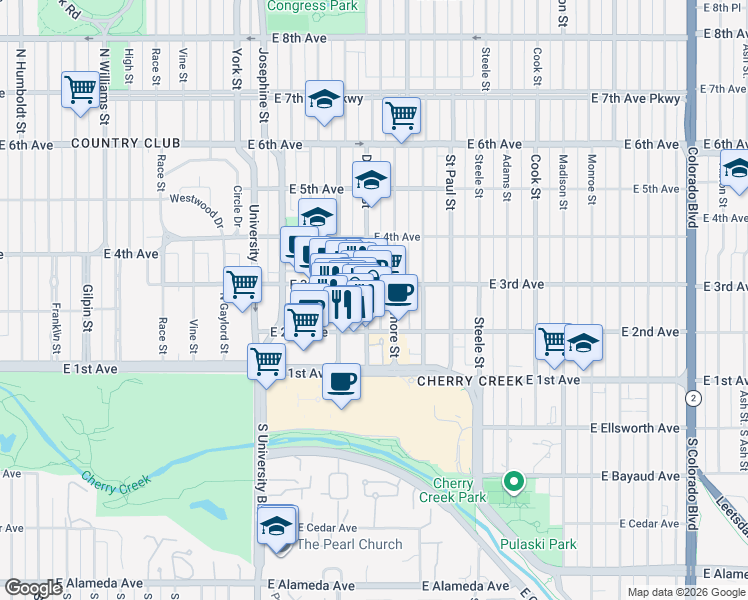 map of restaurants, bars, coffee shops, grocery stores, and more near 248 Detroit Street in Denver
