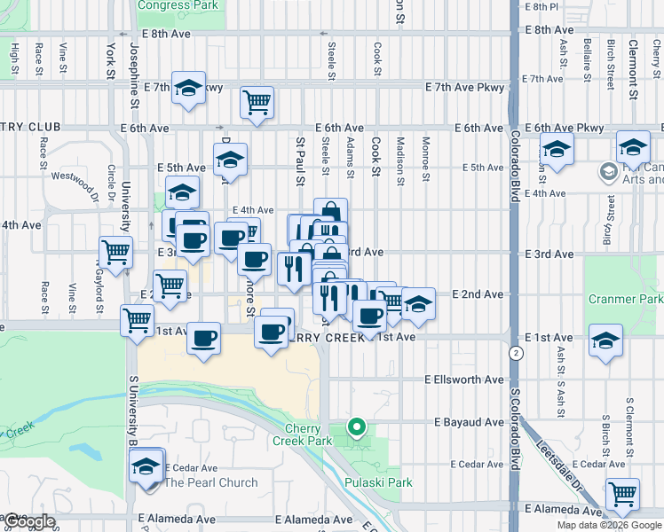 map of restaurants, bars, coffee shops, grocery stores, and more near in Denver