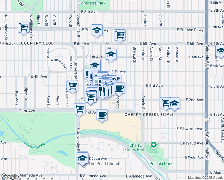 map of restaurants, bars, coffee shops, grocery stores, and more near 231 Detroit Street in Denver