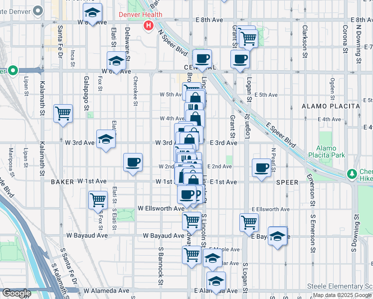 map of restaurants, bars, coffee shops, grocery stores, and more near 235 Broadway in Denver