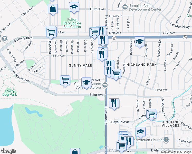 map of restaurants, bars, coffee shops, grocery stores, and more near 10300-10346 East 3rd Avenue in Aurora