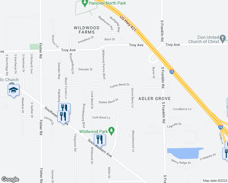 map of restaurants, bars, coffee shops, grocery stores, and more near 8016 Grove Berry Way in Indianapolis