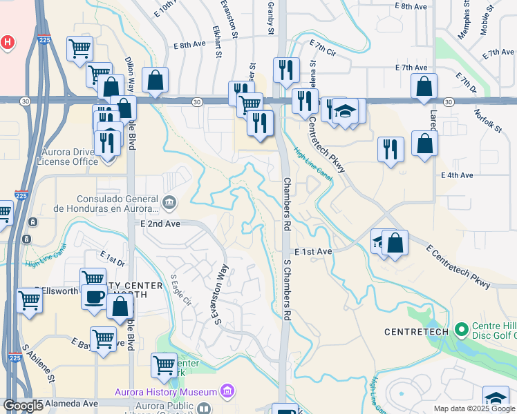 map of restaurants, bars, coffee shops, grocery stores, and more near 281 Granby Way in Aurora