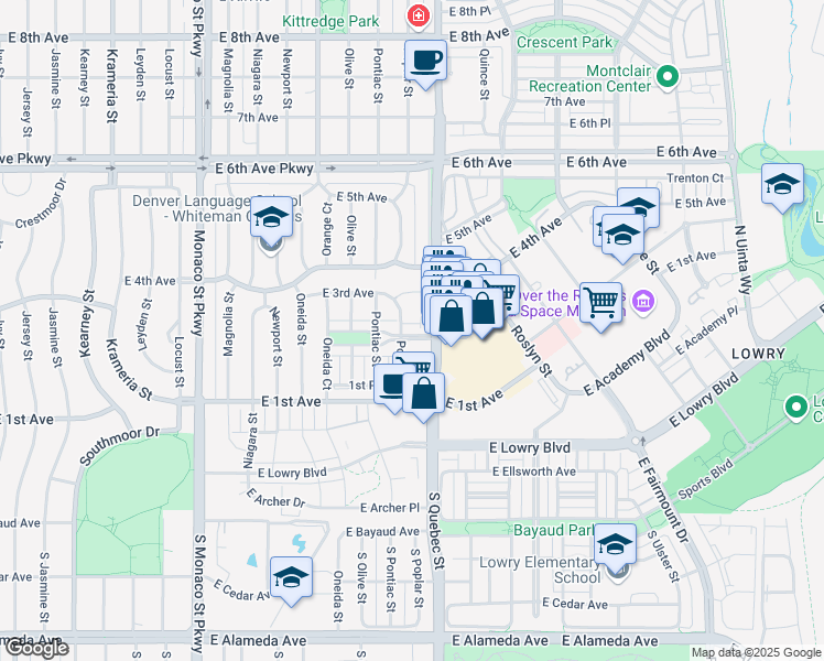 map of restaurants, bars, coffee shops, grocery stores, and more near 199 Quebec Street in Denver
