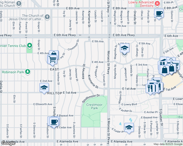 map of restaurants, bars, coffee shops, grocery stores, and more near 230 Krameria Street in Denver