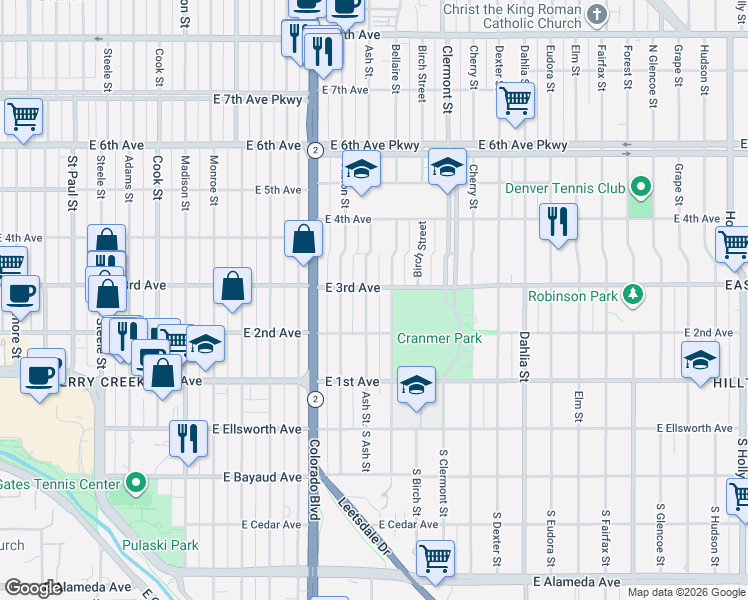 map of restaurants, bars, coffee shops, grocery stores, and more near 215 Ash Street in Denver