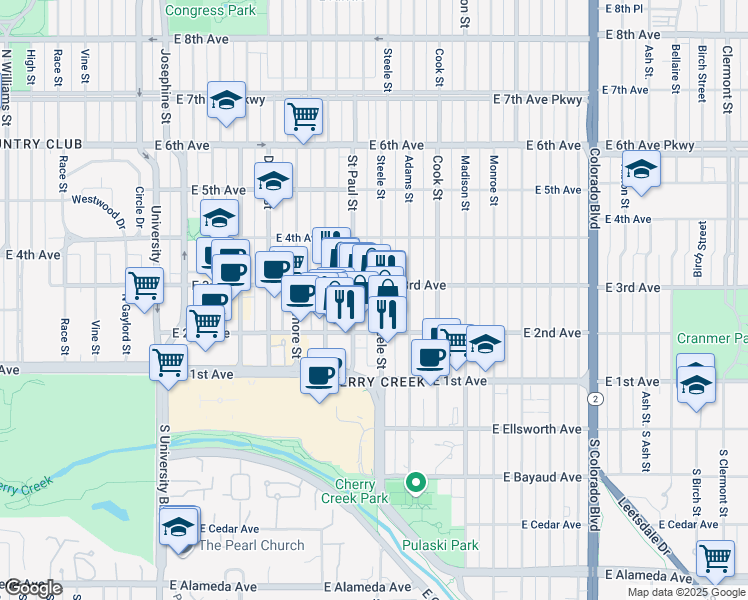 map of restaurants, bars, coffee shops, grocery stores, and more near 240 Saint Paul Street in Denver