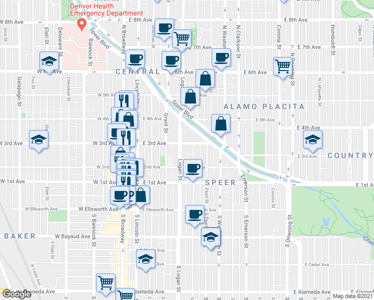 map of restaurants, bars, coffee shops, grocery stores, and more near 229 Pennsylvania Street in Denver