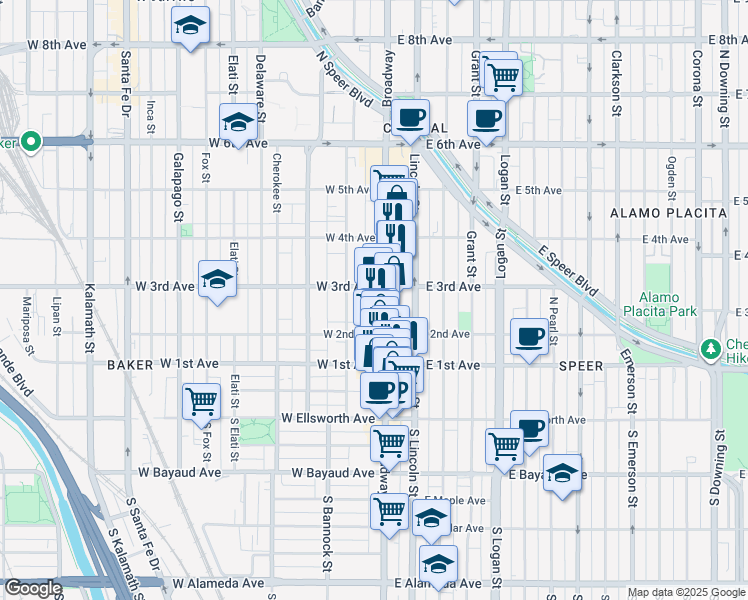 map of restaurants, bars, coffee shops, grocery stores, and more near 235 Broadway in Denver