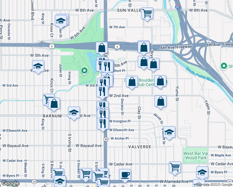 map of restaurants, bars, coffee shops, grocery stores, and more near 2946 West 2nd Avenue in Denver