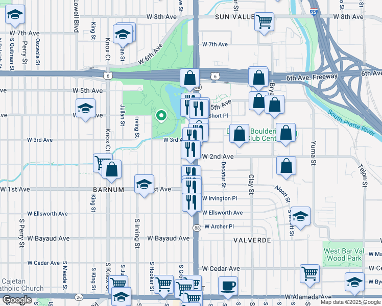map of restaurants, bars, coffee shops, grocery stores, and more near 201 Federal Boulevard in Denver