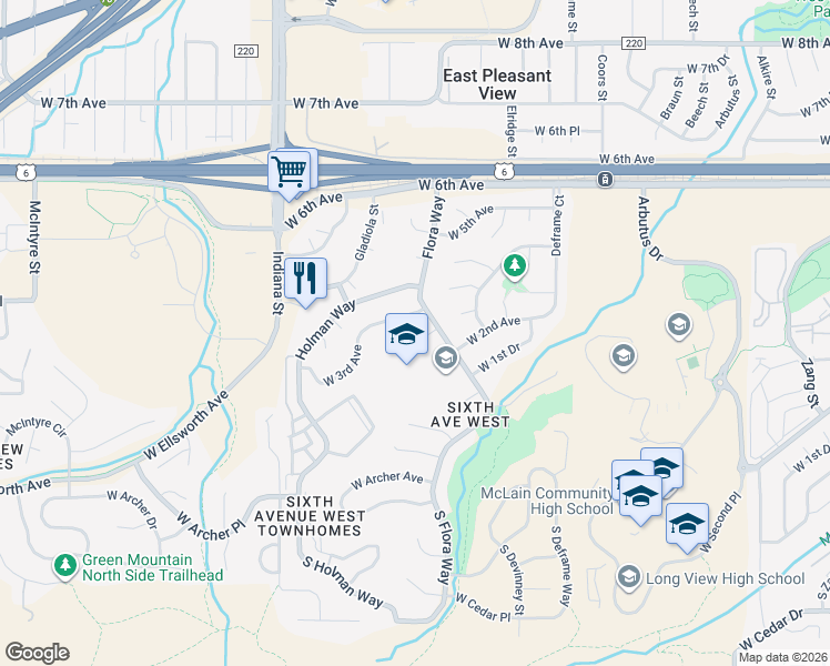 map of restaurants, bars, coffee shops, grocery stores, and more near 14392 West 2nd Place in Golden