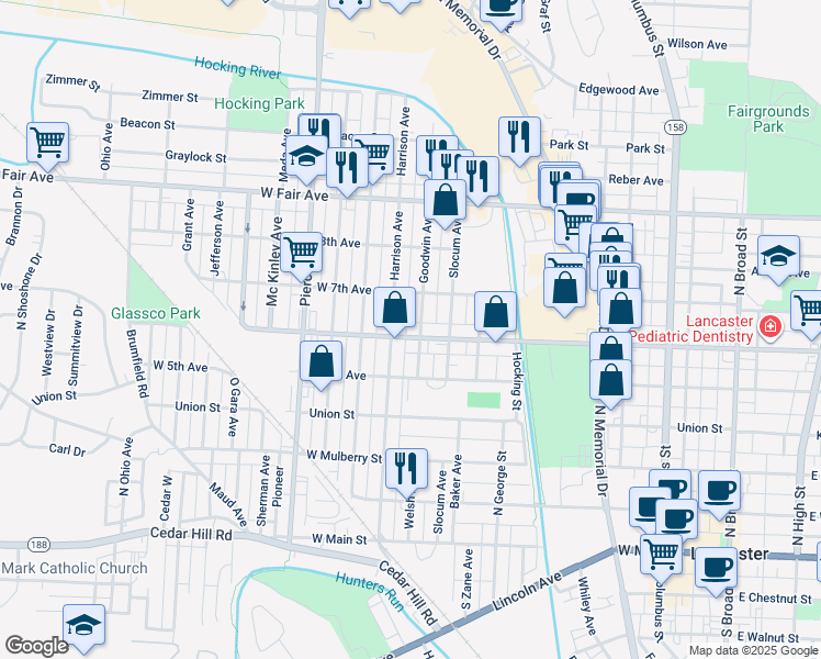 map of restaurants, bars, coffee shops, grocery stores, and more near 529 Goodwin Avenue in Lancaster