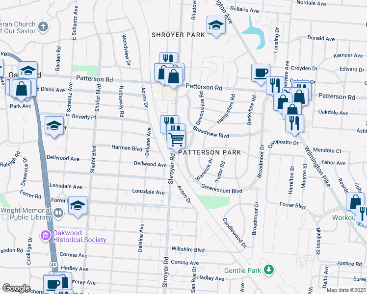 map of restaurants, bars, coffee shops, grocery stores, and more near 614 Gainsborough Road in Dayton