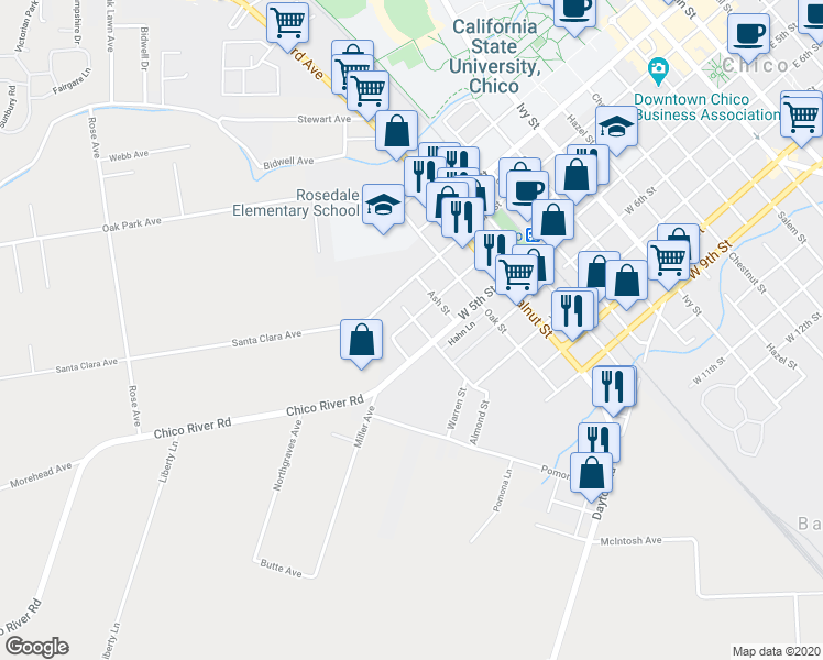 map of restaurants, bars, coffee shops, grocery stores, and more near 404 Hickory Street in Chico