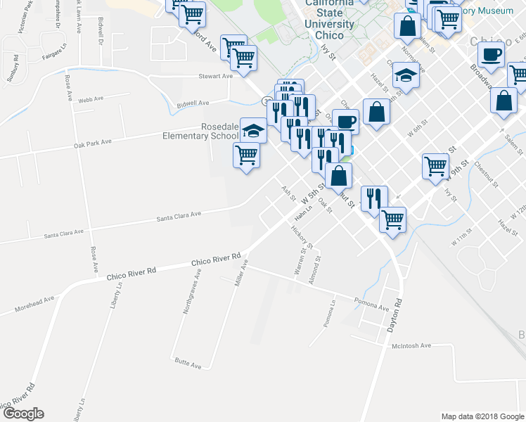 map of restaurants, bars, coffee shops, grocery stores, and more near 1430 West 4th Street in Chico