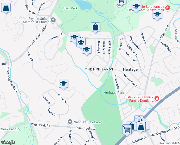 map of restaurants, bars, coffee shops, grocery stores, and more near 2710 South Riding Drive in Wilmington