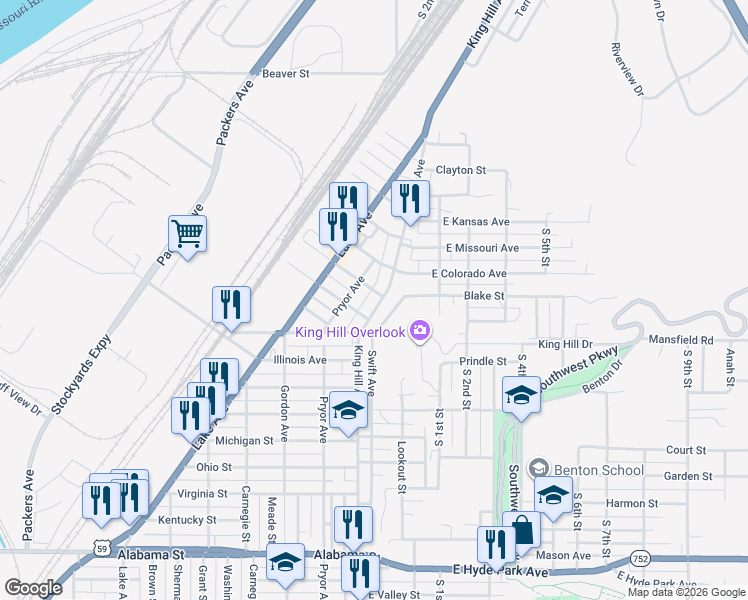 map of restaurants, bars, coffee shops, grocery stores, and more near 5201-5239 King Hill Avenue in Saint Joseph