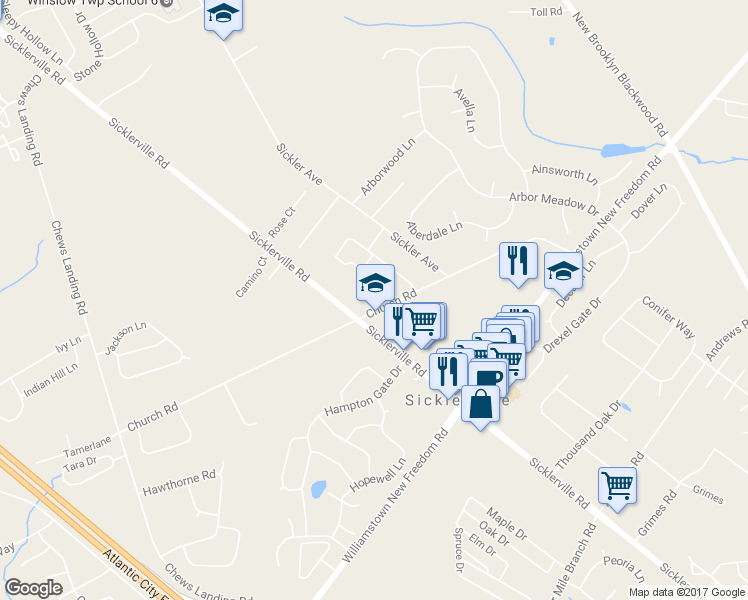 map of restaurants, bars, coffee shops, grocery stores, and more near 447 Church Road in Sicklerville