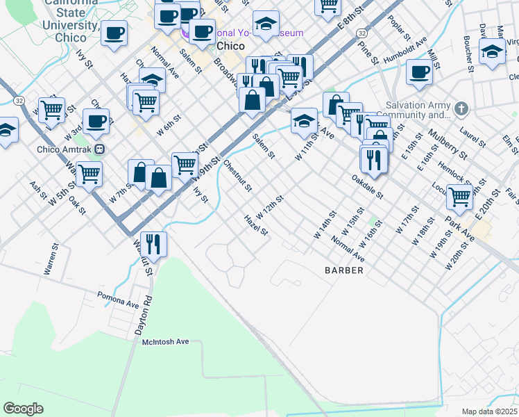 map of restaurants, bars, coffee shops, grocery stores, and more near 1138 Chestnut Street in Chico