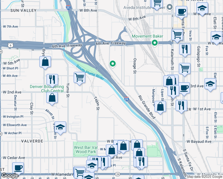 map of restaurants, bars, coffee shops, grocery stores, and more near 1800 West 3rd Avenue in Denver