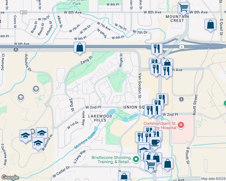 map of restaurants, bars, coffee shops, grocery stores, and more near 224 Wright Street in Lakewood