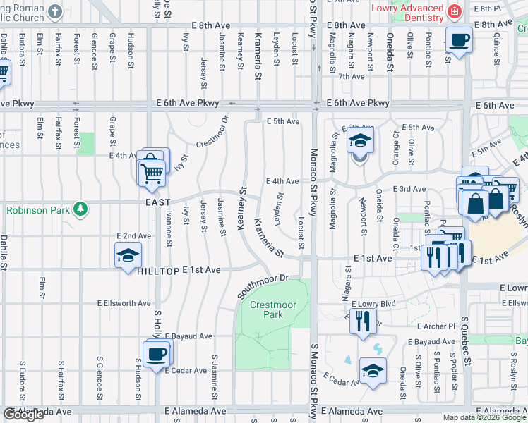 map of restaurants, bars, coffee shops, grocery stores, and more near 230 Krameria Street in Denver