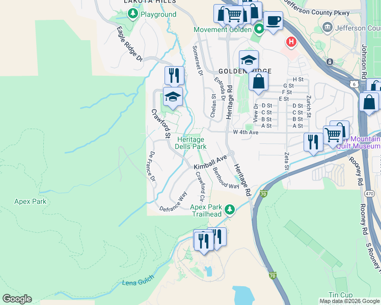map of restaurants, bars, coffee shops, grocery stores, and more near 305 Kimball Court in Golden